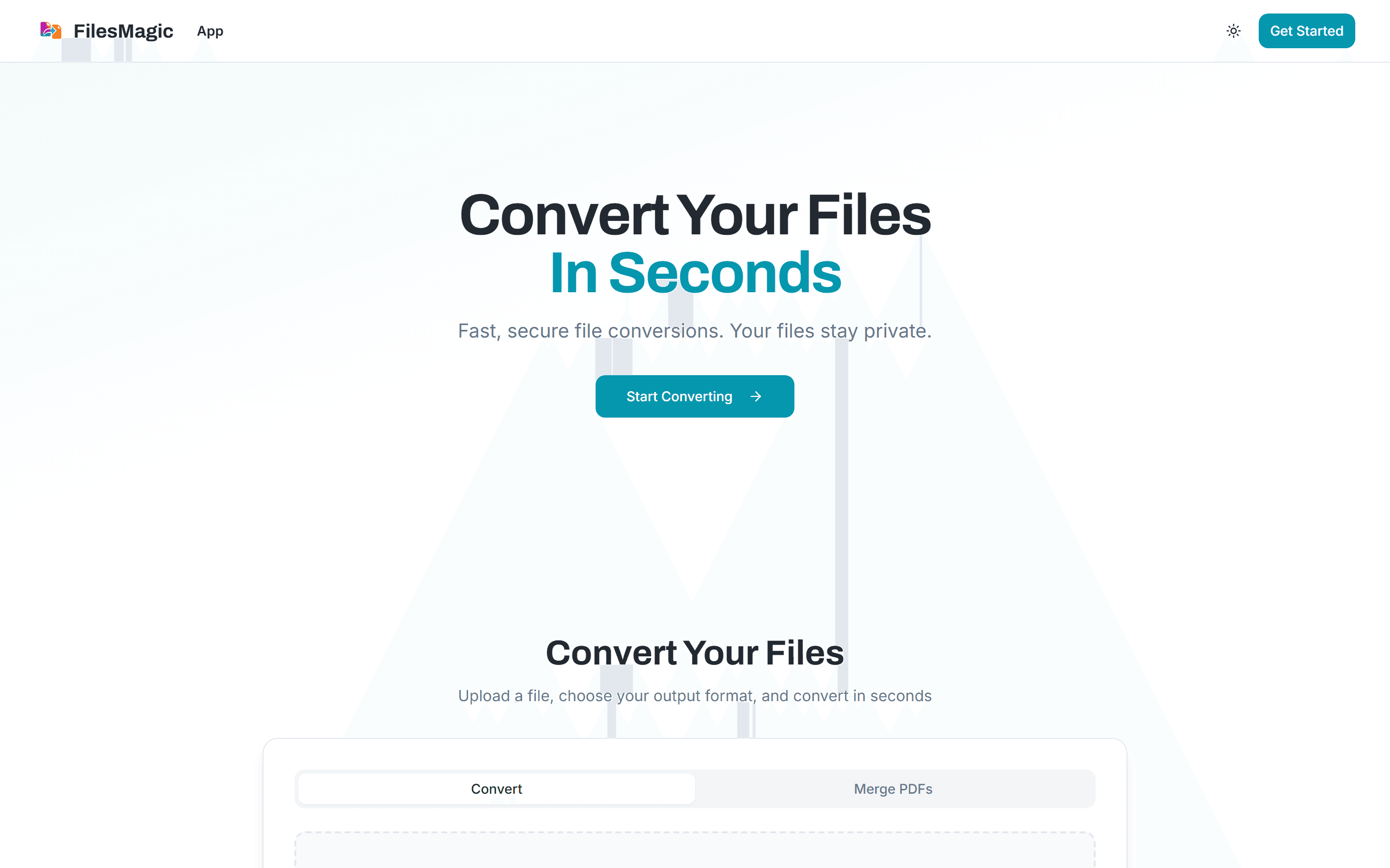 FilesMagic file conversion platform homepage with the headline Convert Your Files In Seconds