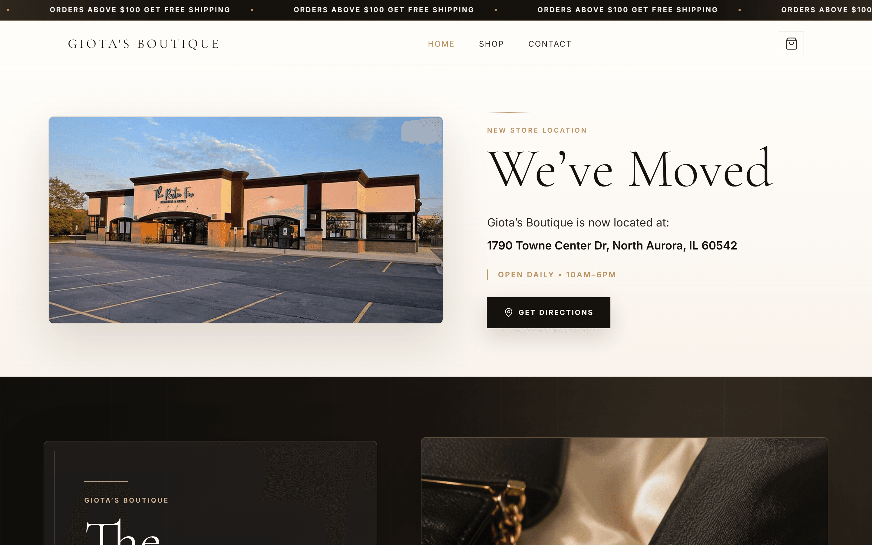Giota's Boutique online store homepage showing the boutique storefront and shop navigation